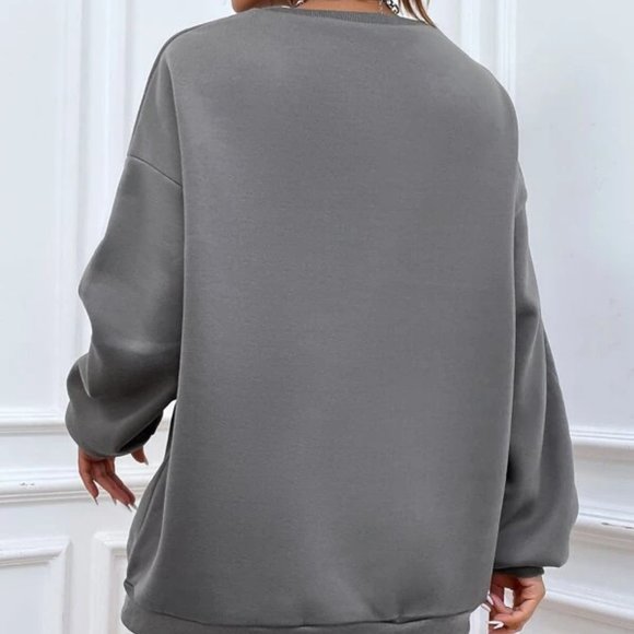 Casual Gray Pullover Leopard Mouth Print Oversized Sweatshirt TOP - Picture 5 of 6